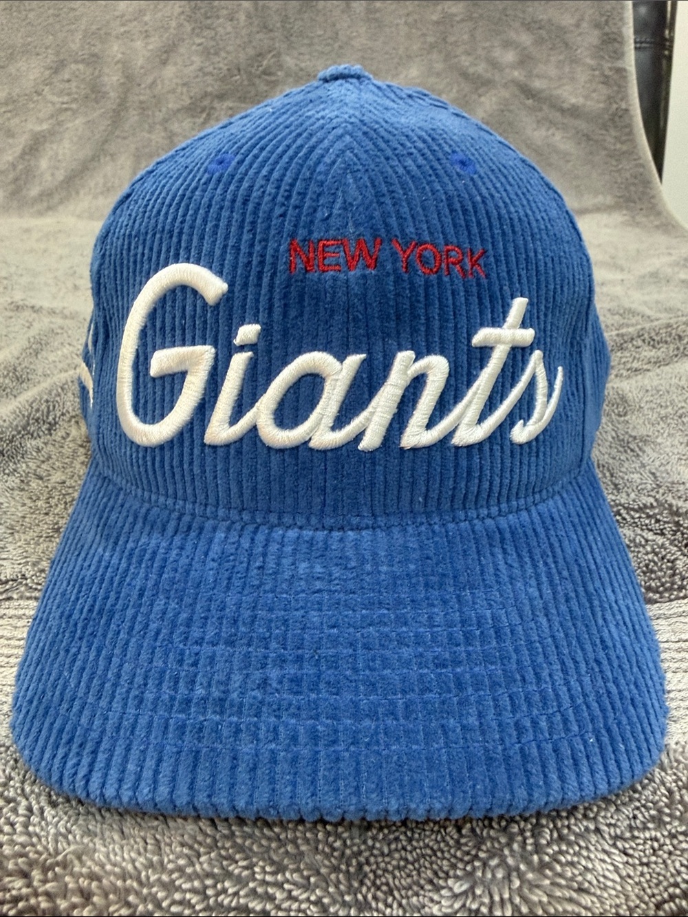 Mitchell & Ness Blue Corduroy 'Giants' Script Hat with Red 'New York'